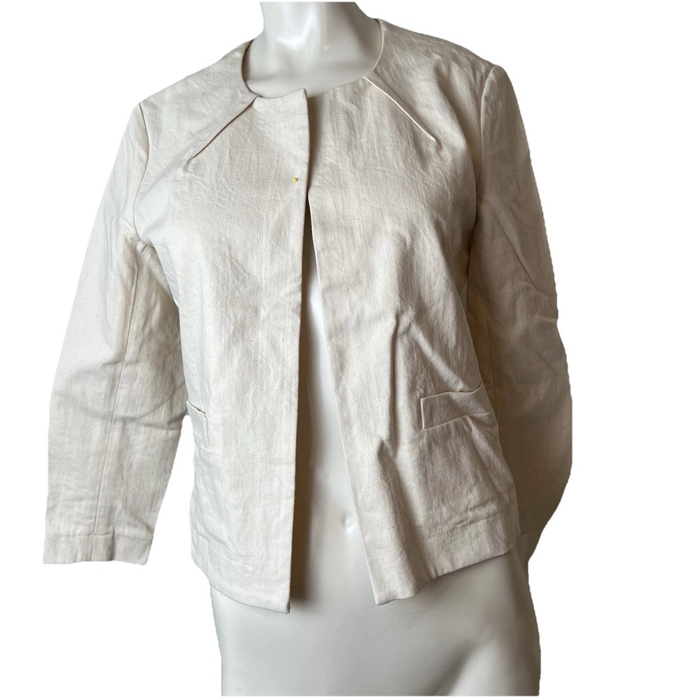 Serena & Lily Beige Cotton Elastane Canvas 3/4 Sleeve Open Front  Blazer ‎ Small
